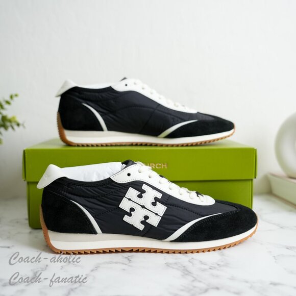 NIB Tory Burch T-Logo Nylon Suede Vintage Sneaker 2.0 in Black/White - Picture 4 of 11